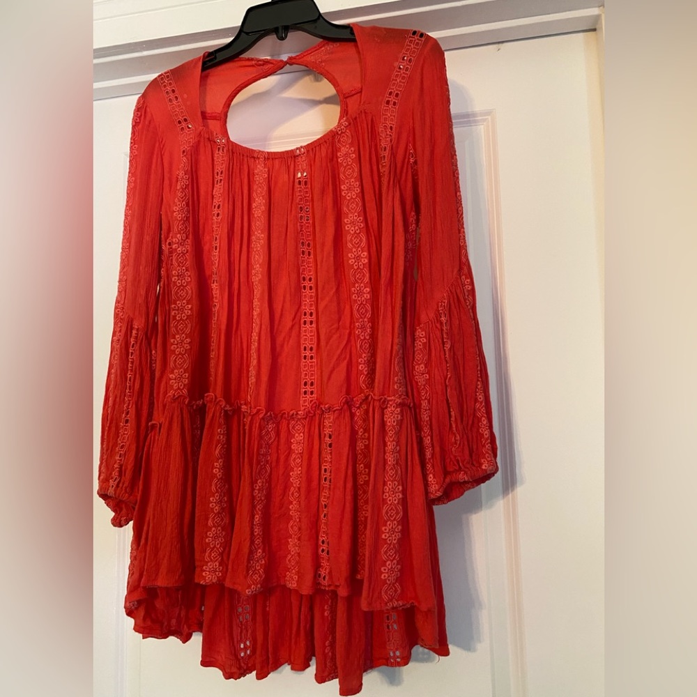Free People S Tunic Top Shirt Blouse Floral Popover High Low Coral Flowy
